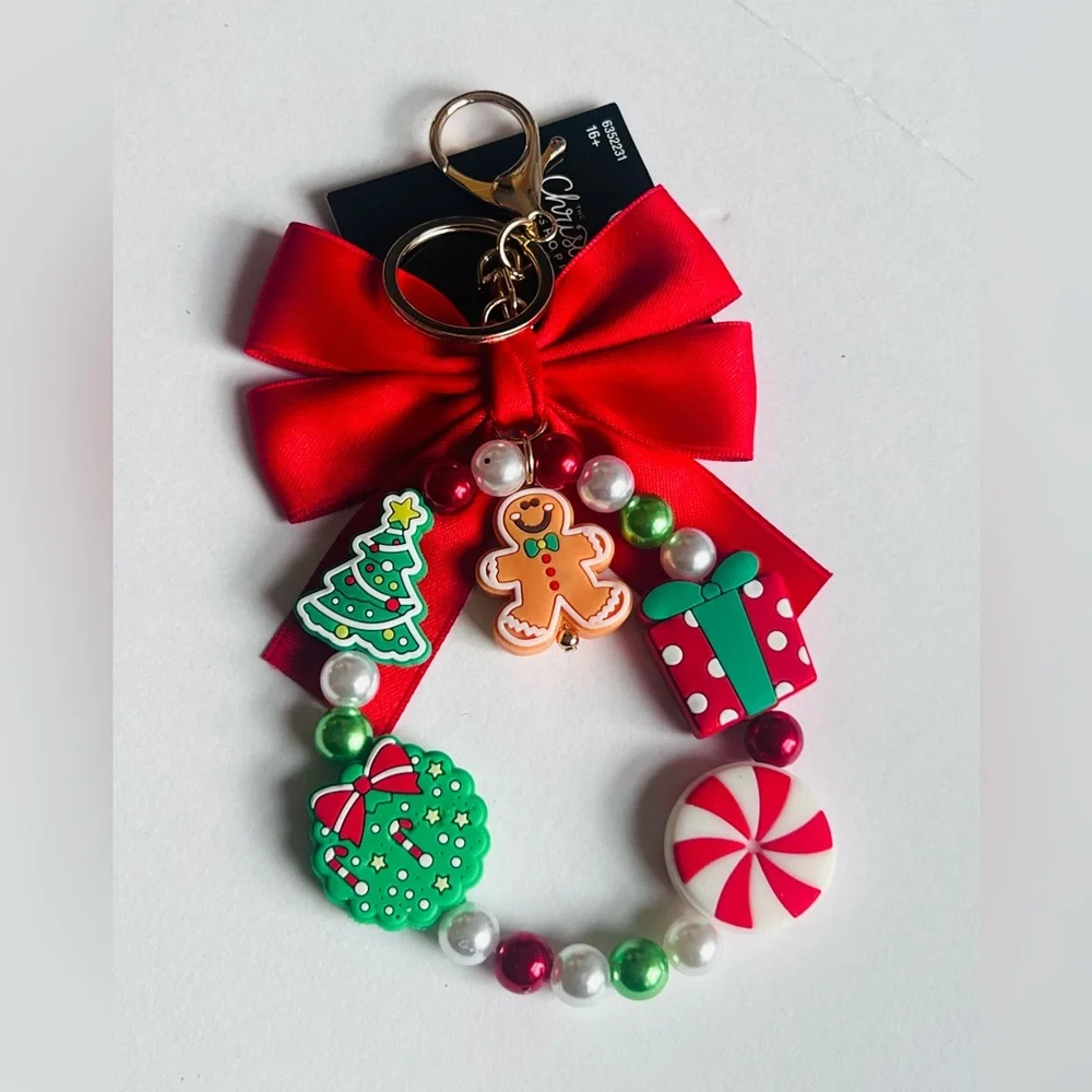 Christmas Beaded  silicone Bracelet Keychain  with Red Bow